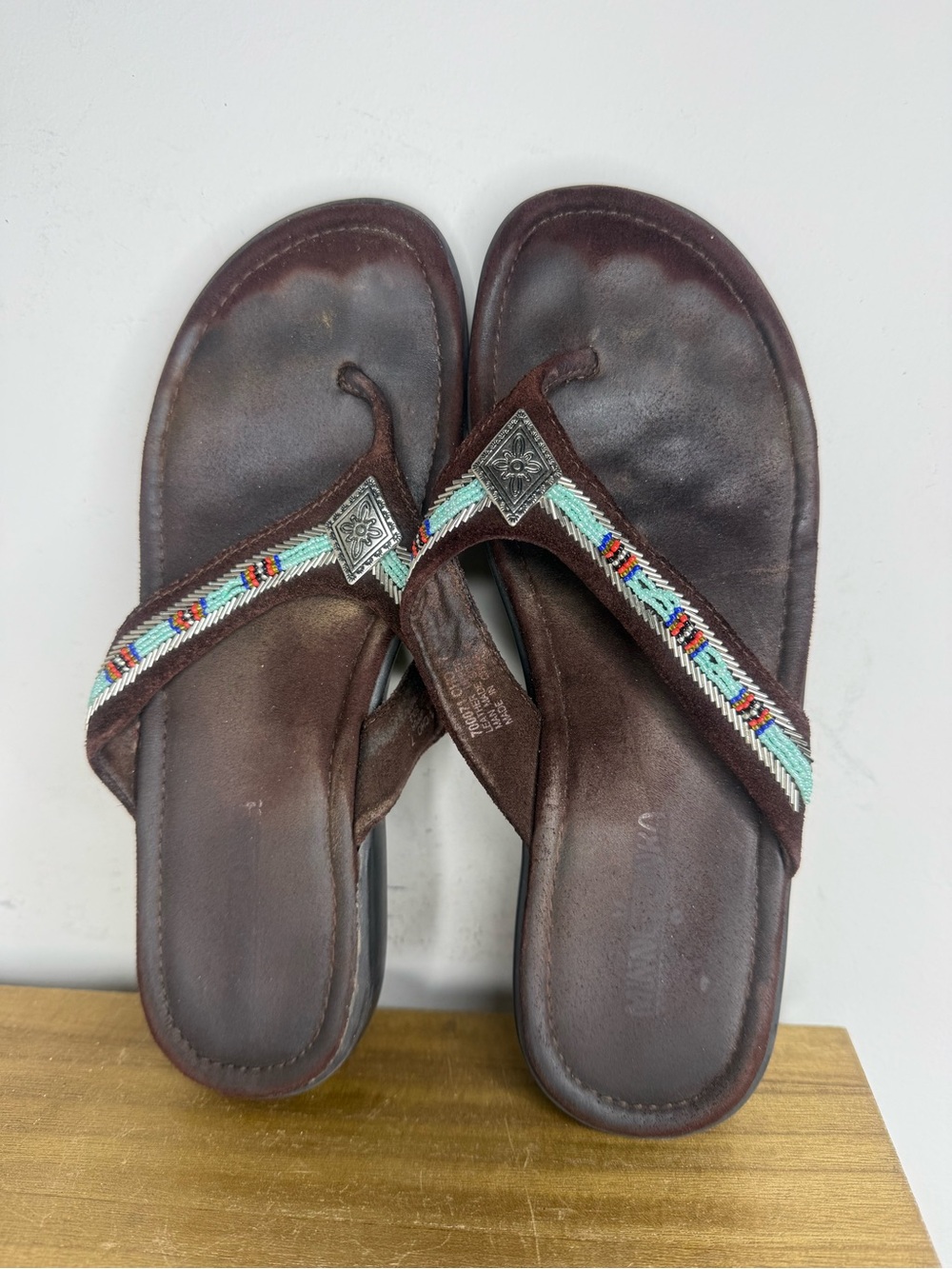 Minnetonka beaded brown suede thong sandals